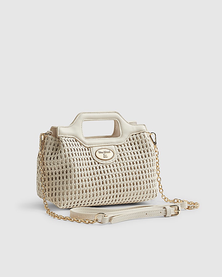 Cream Grab Handle Weave Tote Bag