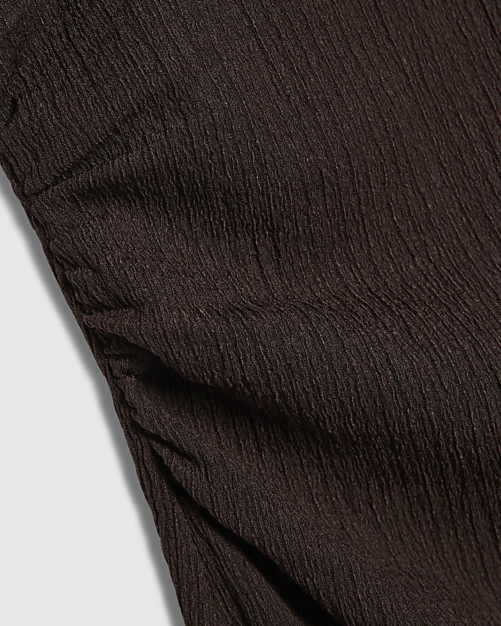 Petite Brown Lace Trim Textured Dress