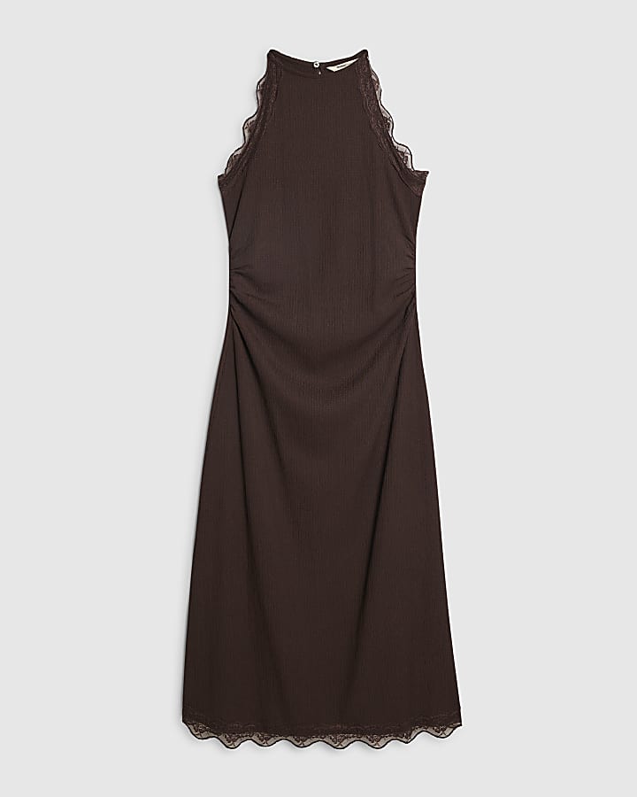 Petite Brown Lace Trim Textured Dress