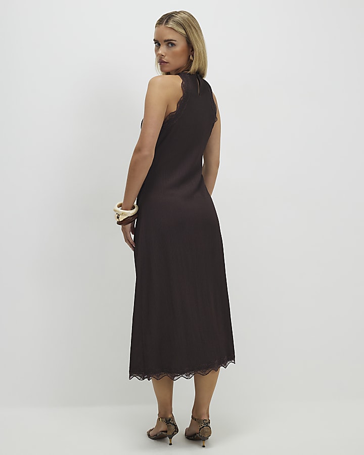 Petite Brown Lace Trim Textured Dress