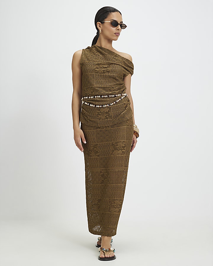 Petite Khaki Lace Off The Shoulder Top