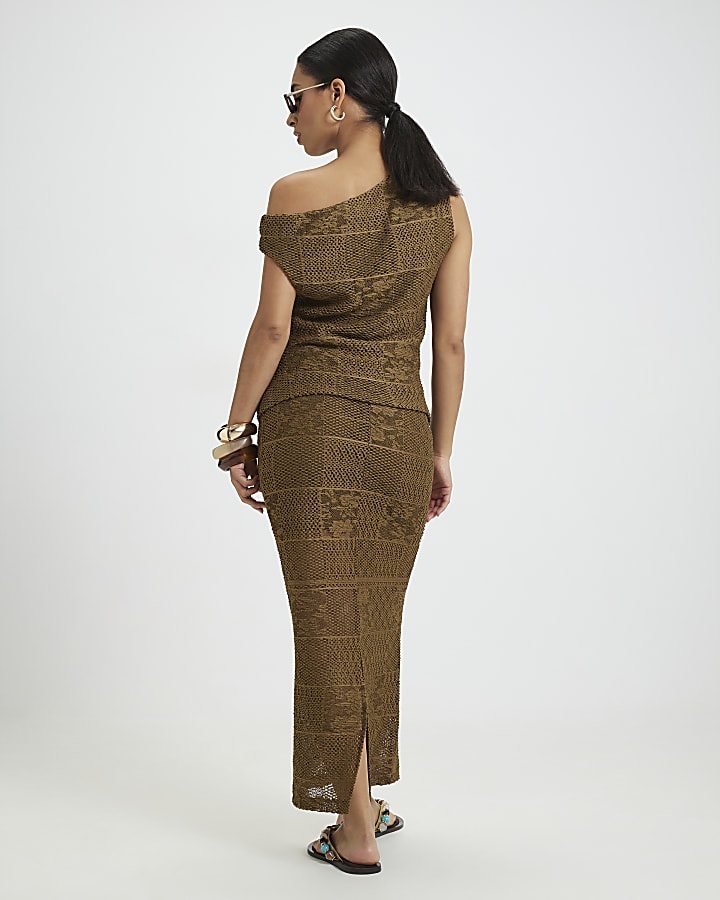 Petite Khaki Lace Midi Skirt