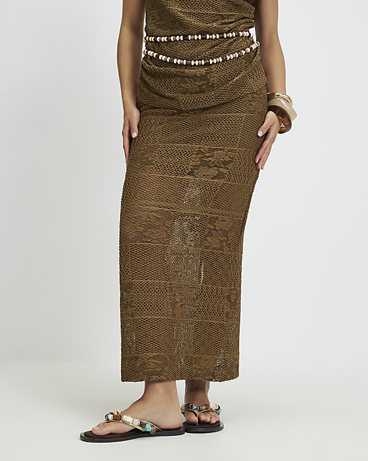 Petite Khaki Lace Midi Skirt