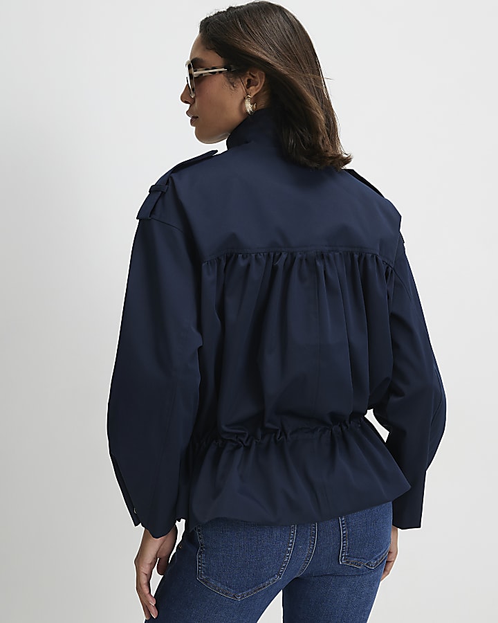 Navy Funnel Neck Tie Waist Bomber Jacket