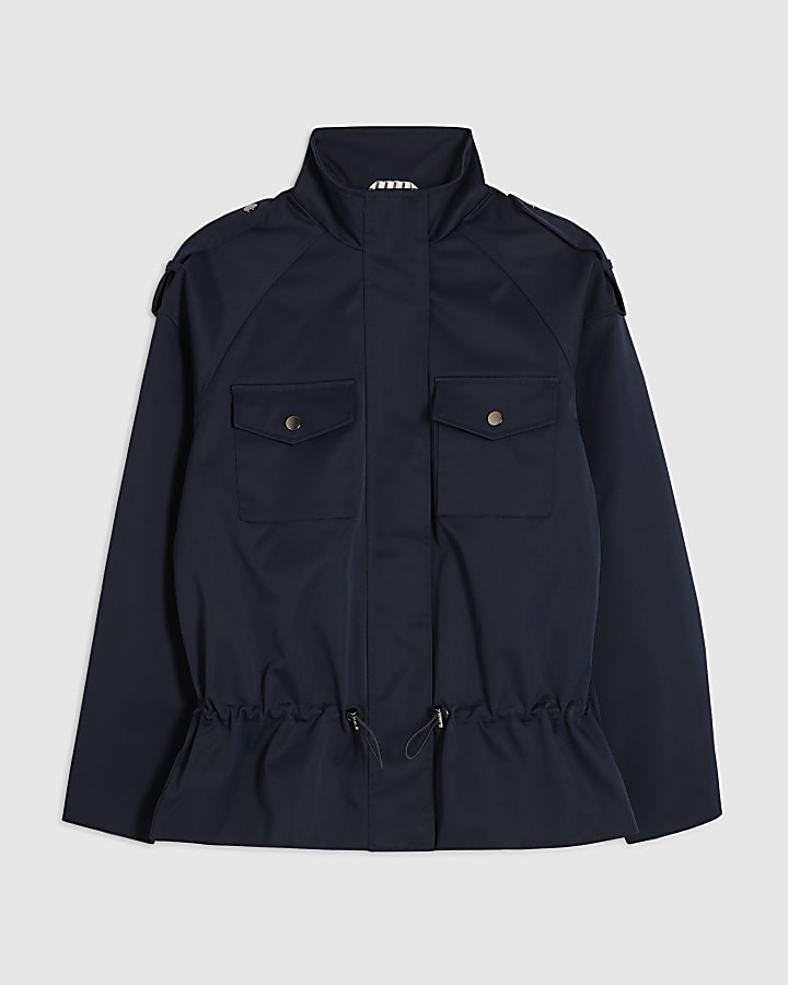 Navy Funnel Neck Tie Waist Bomber Jacket