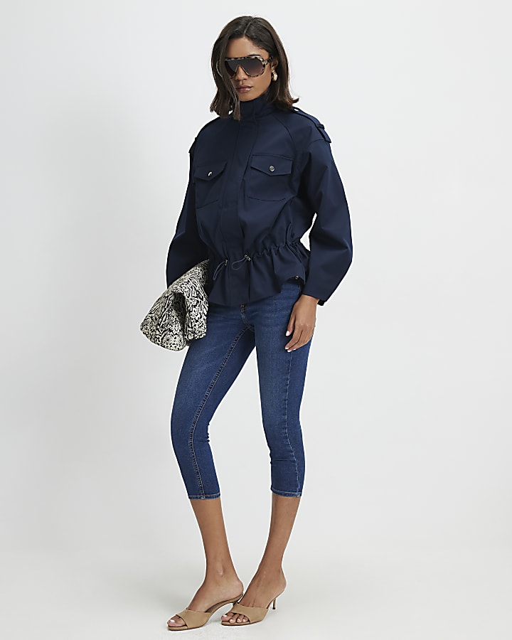 Navy Funnel Neck Tie Waist Bomber Jacket