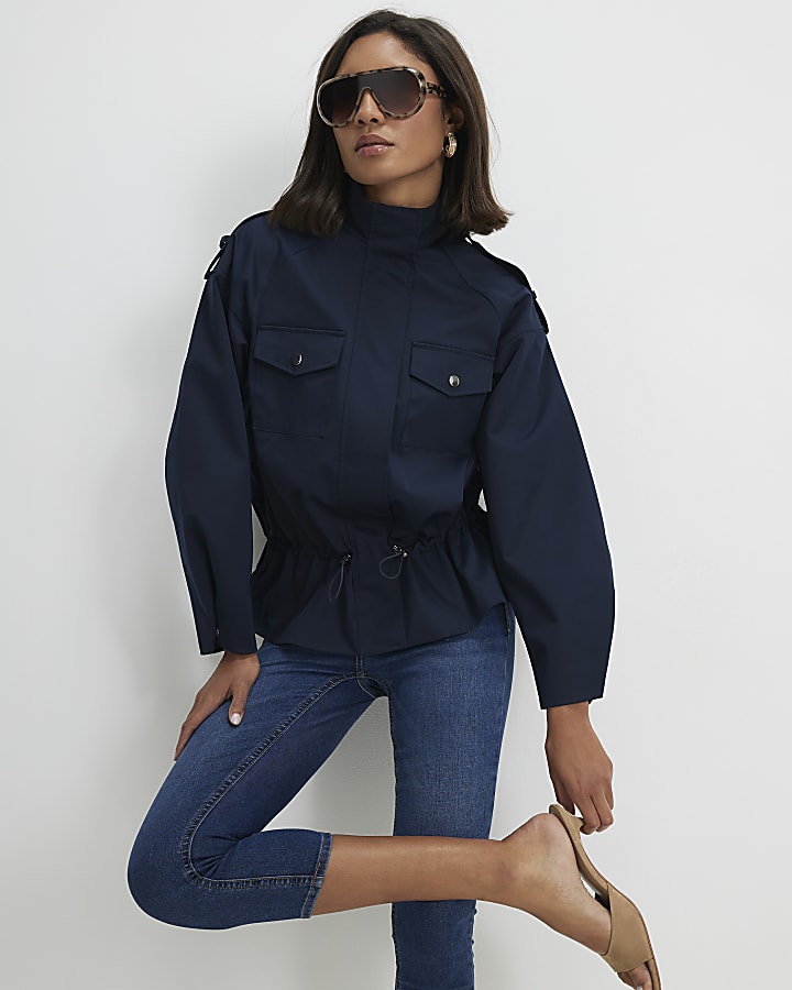 Navy Funnel Neck Tie Waist Bomber Jacket