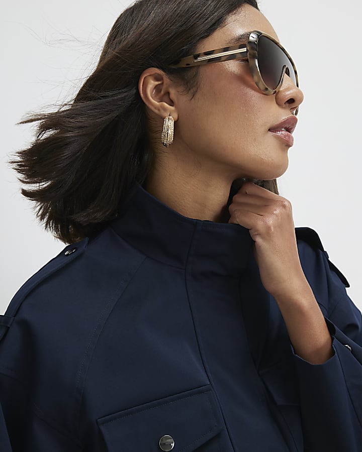 Navy Funnel Neck Tie Waist Bomber Jacket