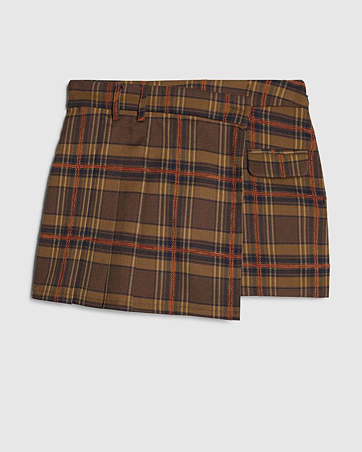 Brown Pleat Detail Check Skort