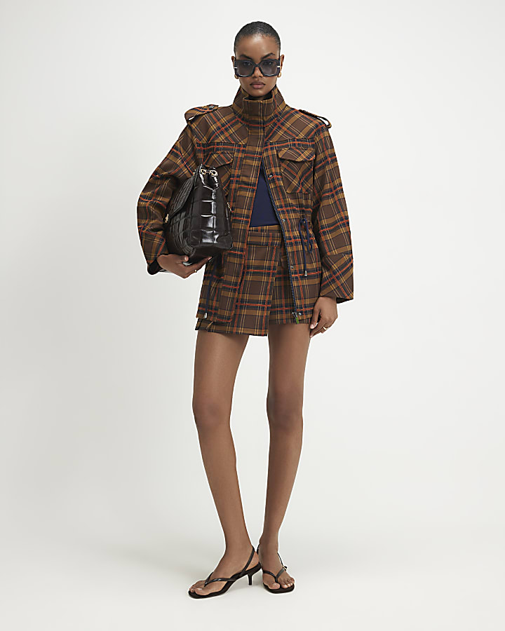 Brown Pleat Detail Check Skort