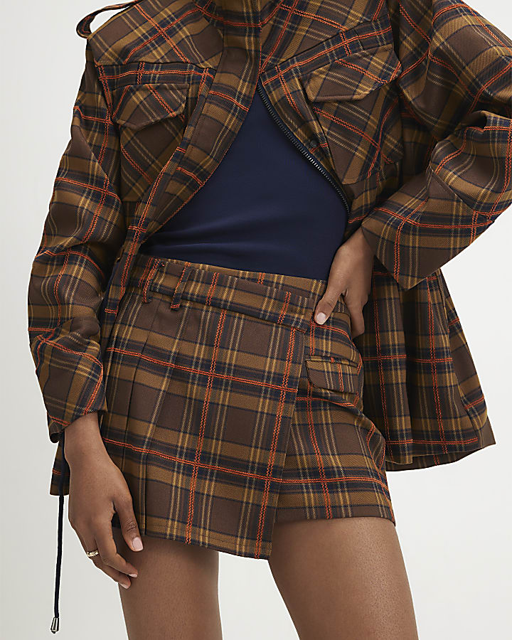 Brown Pleat Detail Check Skort