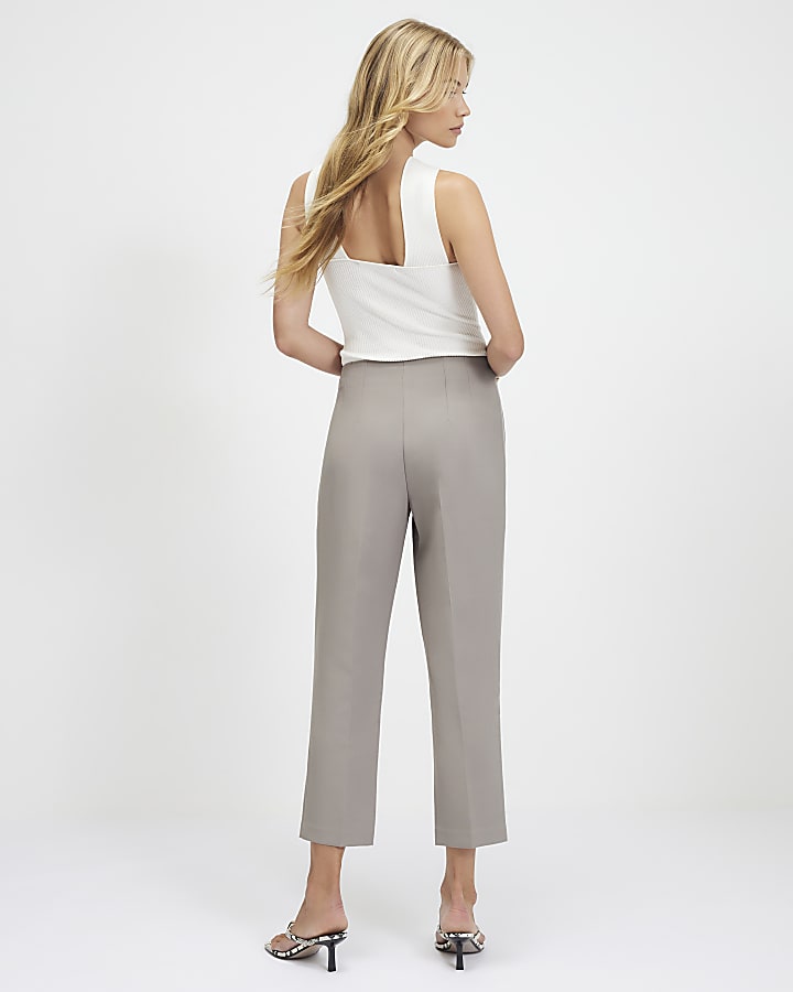 Beige High Waisted Cigarette Trousers