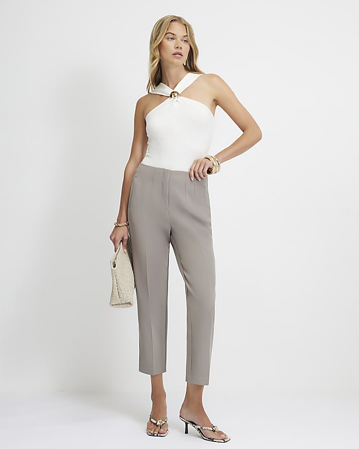 Beige High Waisted Cigarette Trousers