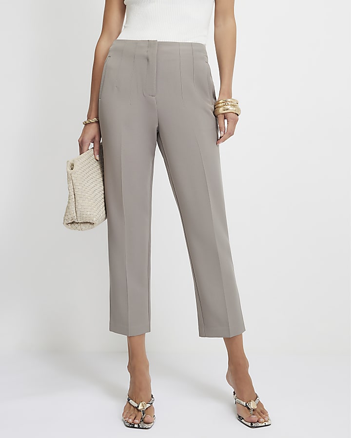 Beige High Waisted Cigarette Trousers