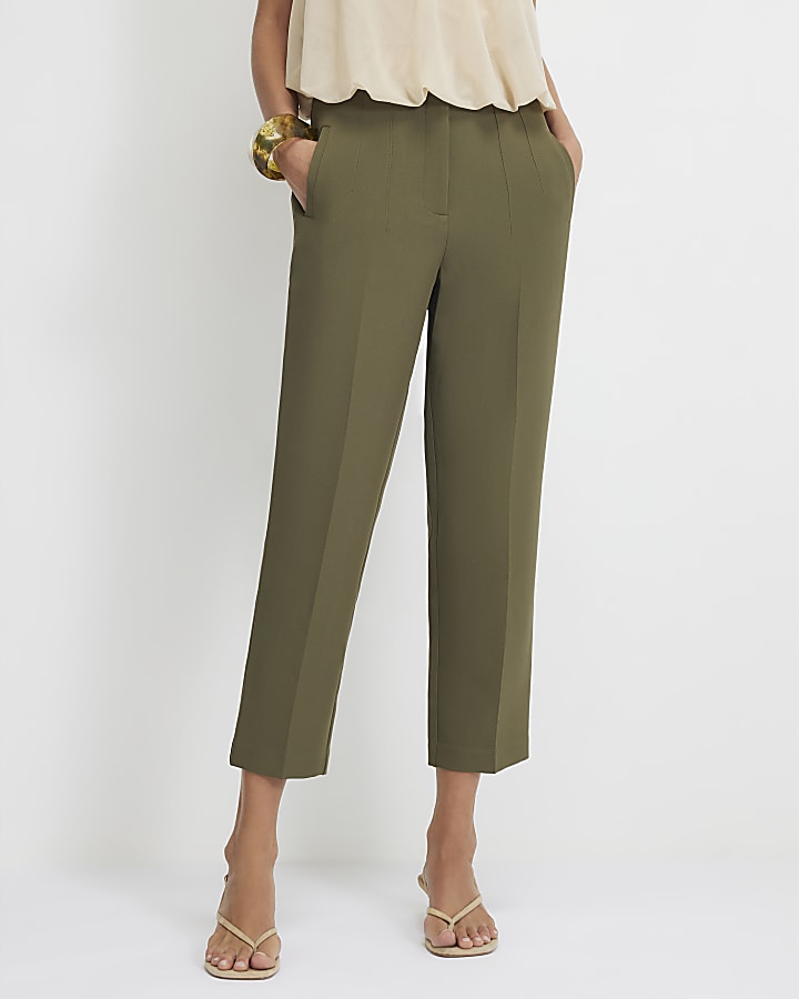 Khaki High Waisted Cigarette Trousers