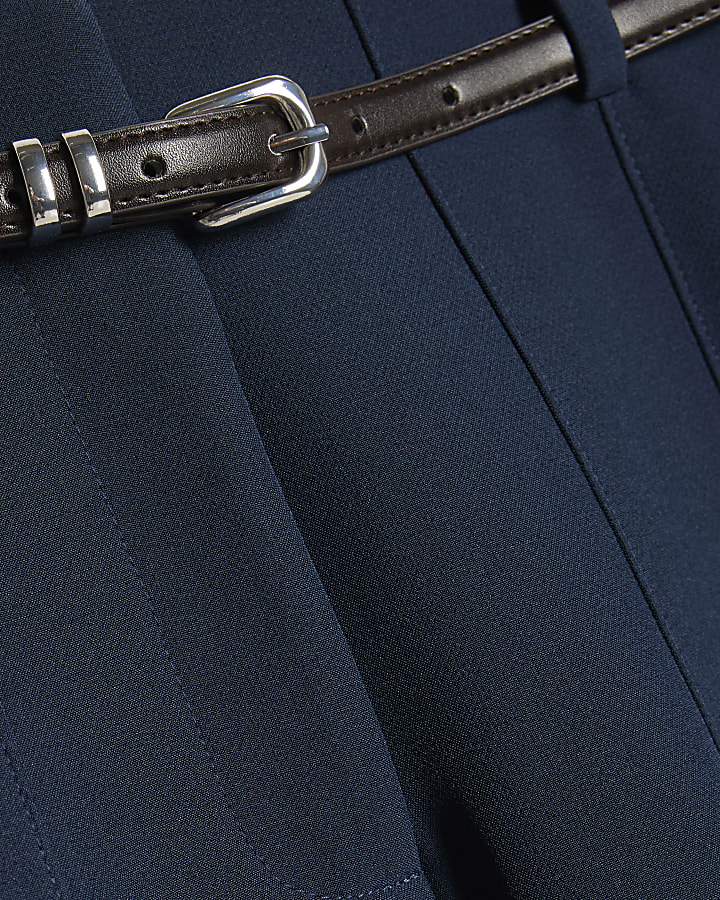Navy Belted Slim Leg Trousers
