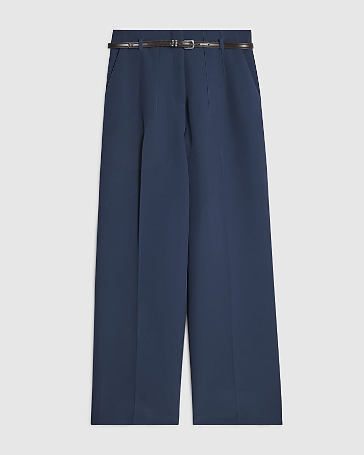 Navy Belted Slim Leg Trousers