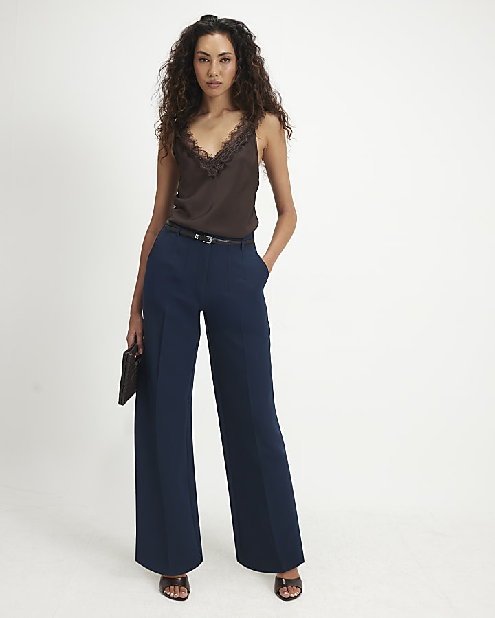 Navy Belted Slim Leg Trousers