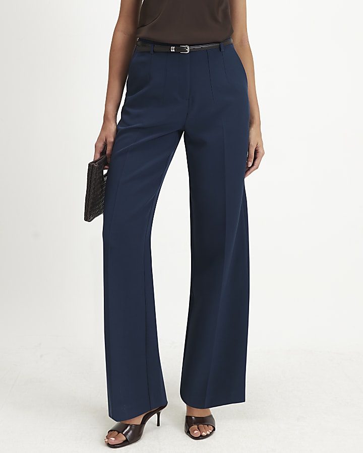 Navy Belted Slim Leg Trousers