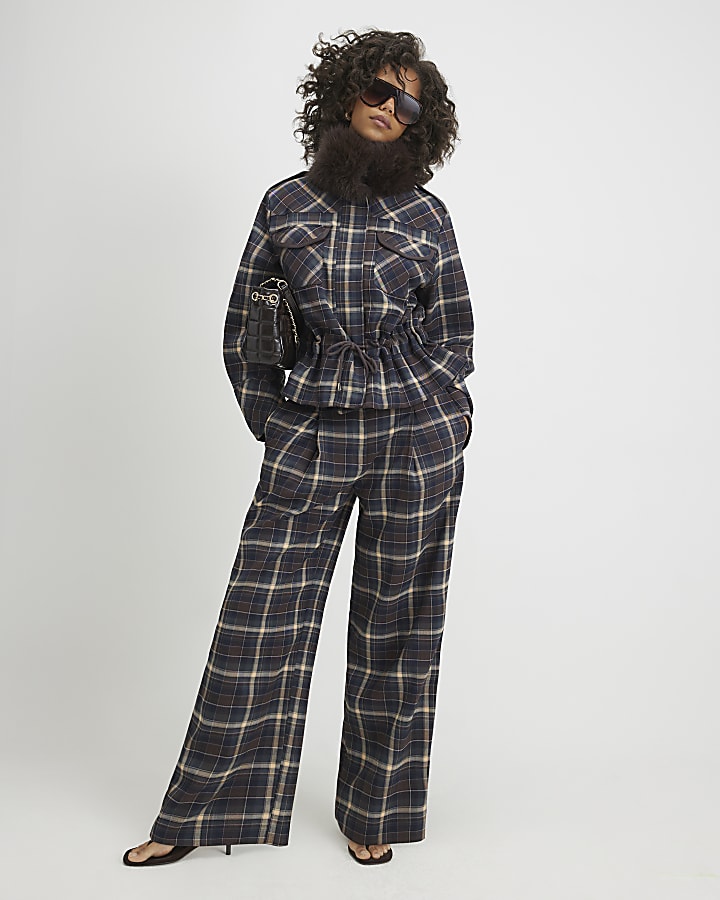 Blue Check Wide Leg Trousers
