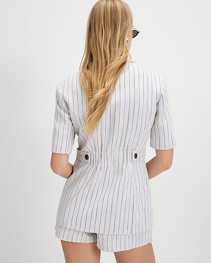 Cream Linen Blend Stripe Short Sleeve Blazer