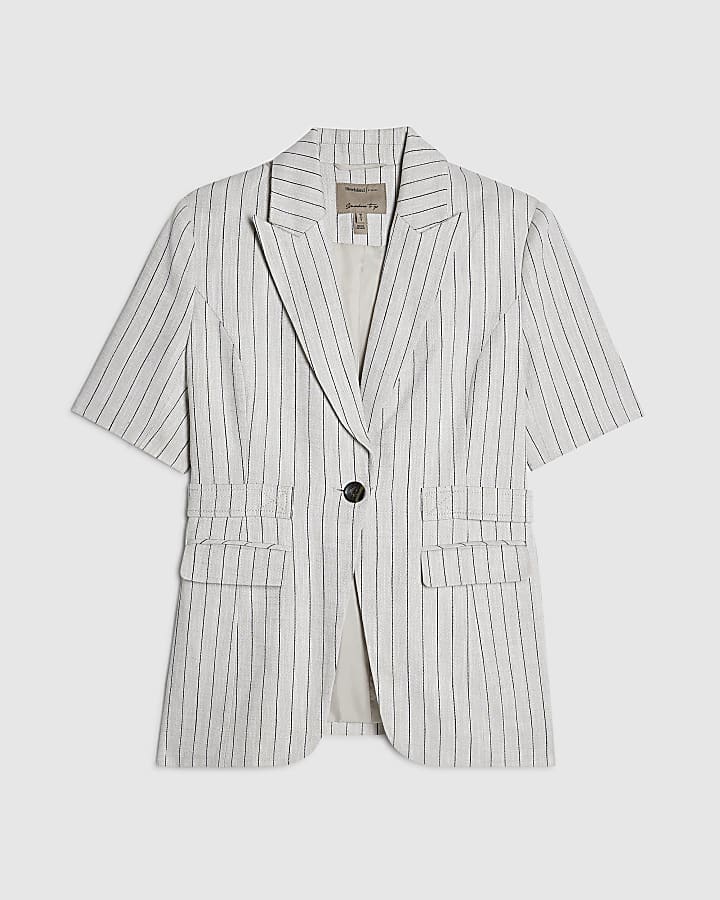 Cream Linen Blend Stripe Short Sleeve Blazer