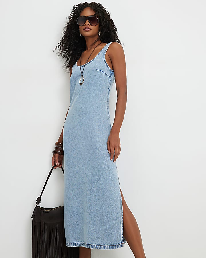 Blue Denim Midi Slip Dress