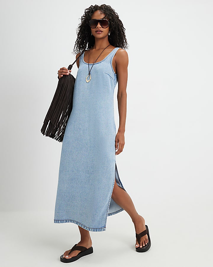 Blue Denim Midi Slip Dress