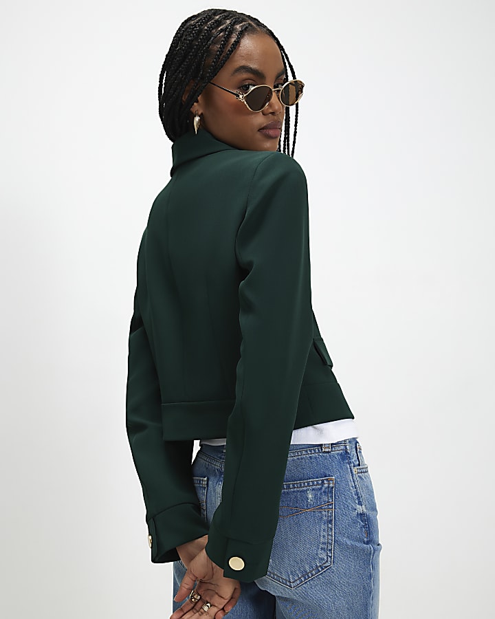 Green Collared Asymmetric Placket Jacket