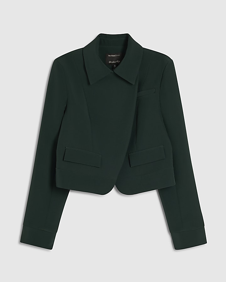 Green Collared Asymmetric Placket Jacket