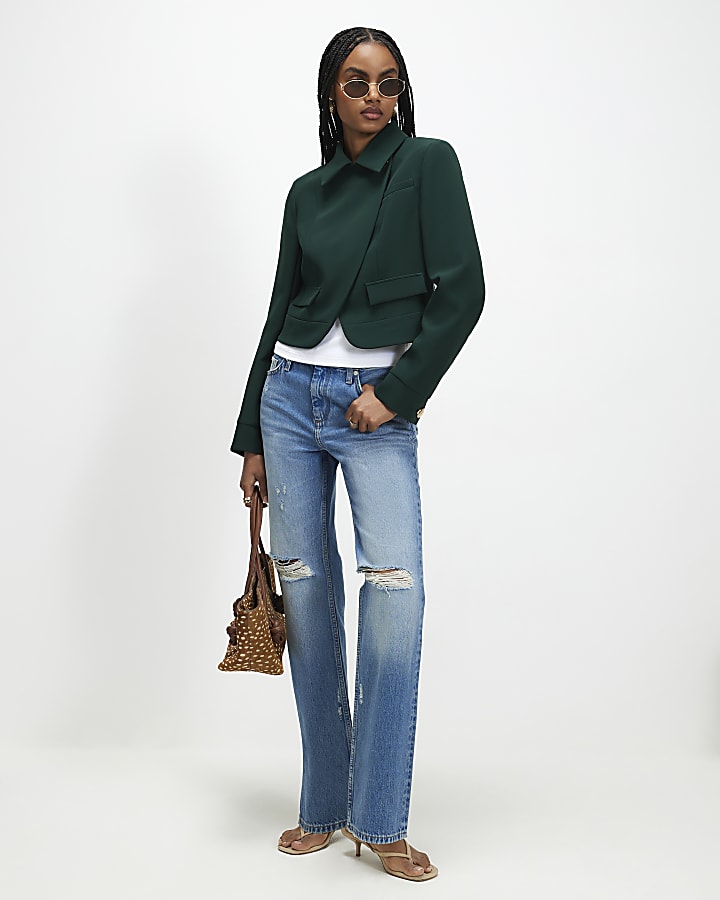Green Collared Asymmetric Placket Jacket