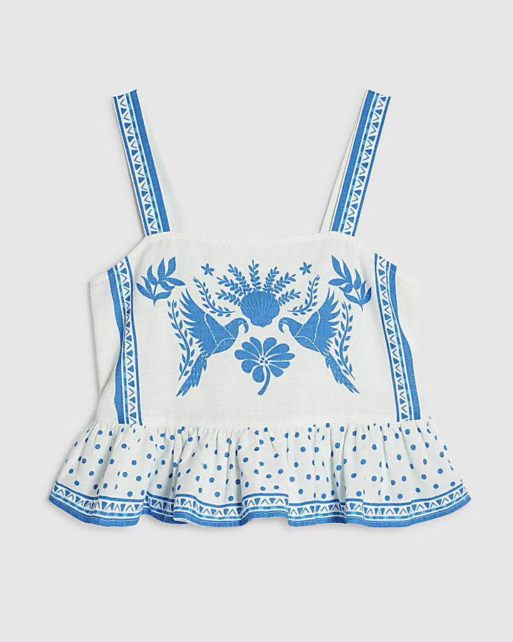 White Cotton Placement Print Cami Top