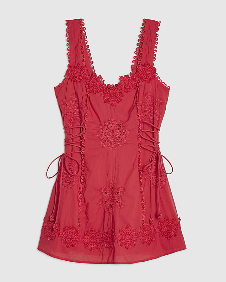 Petite Pink Crochet Embroidered Mini Dress