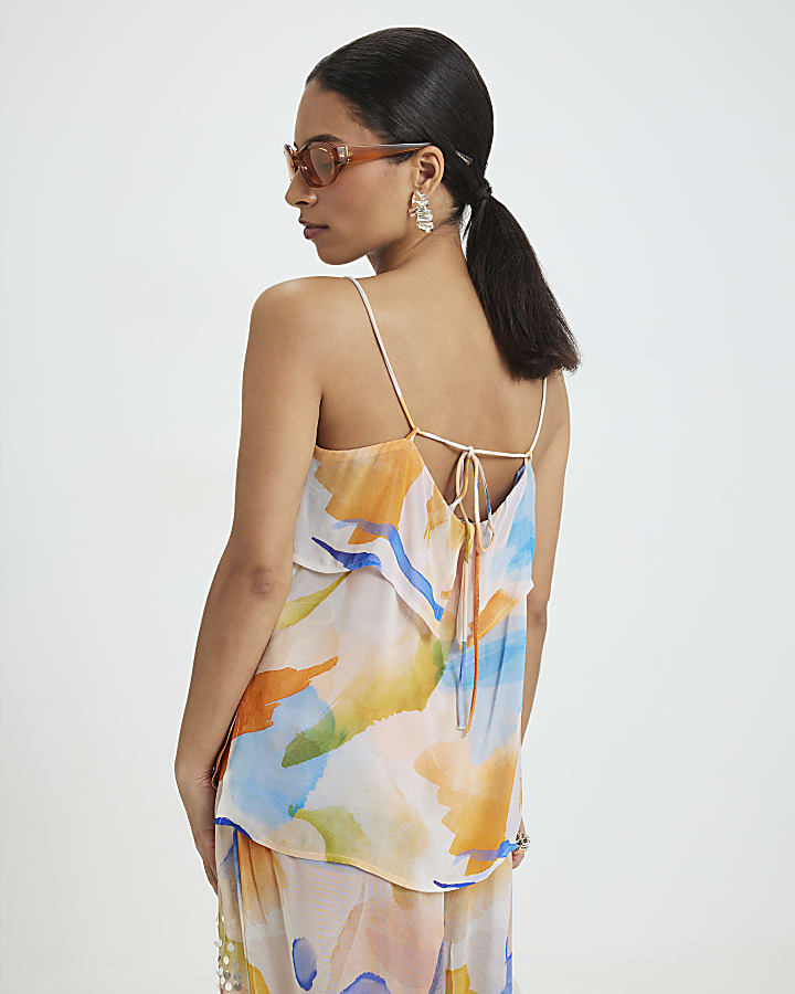 Petite Cream Blur Print Tiered Cami Top