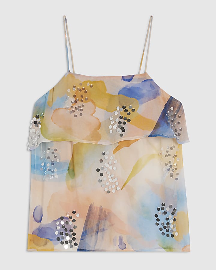 Petite Cream Blur Print Tiered Cami Top