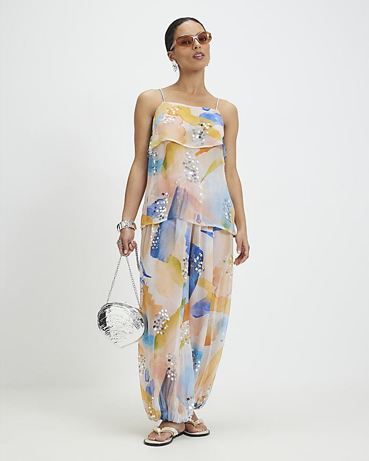 Petite Cream Blur Print Tiered Cami Top