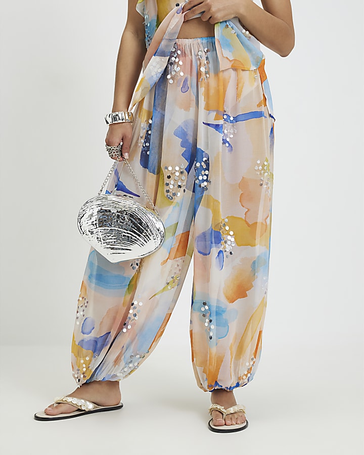 Petite Cream Blur Print Balloon Trousers