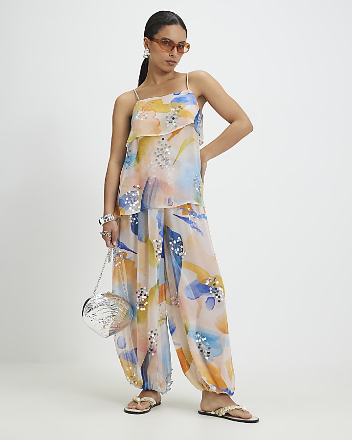 Petite Cream Blur Print Balloon Trousers