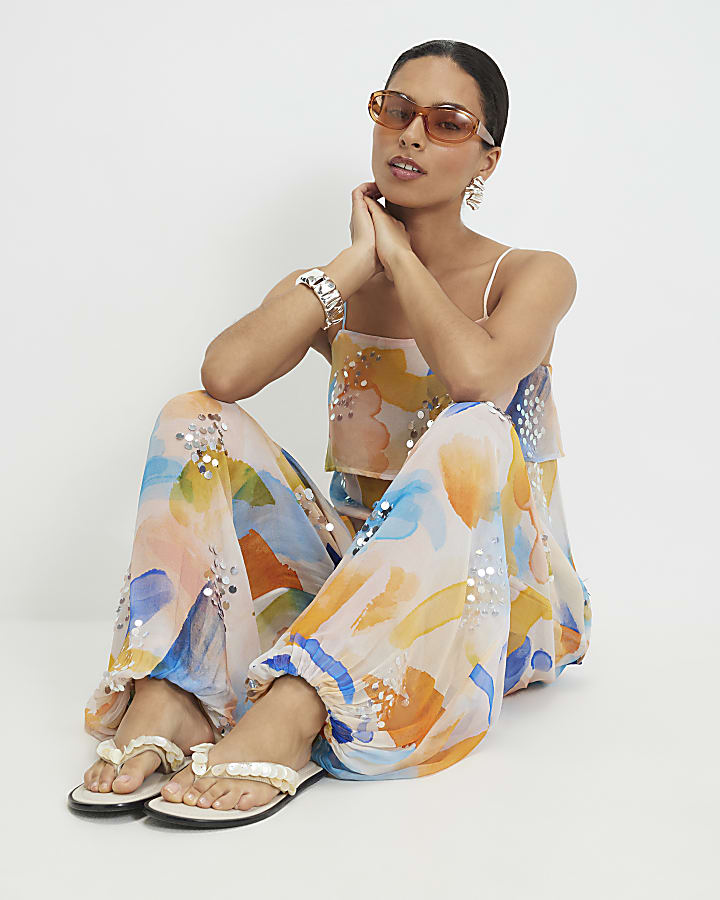 Petite Cream Blur Print Balloon Trousers