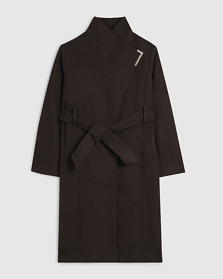 Petite Brown Belted Longline Robe Coat