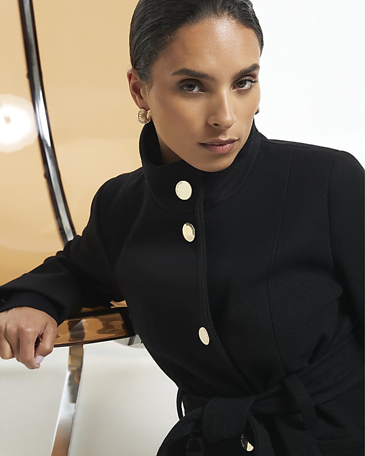 Petite Black Belted Short Coat