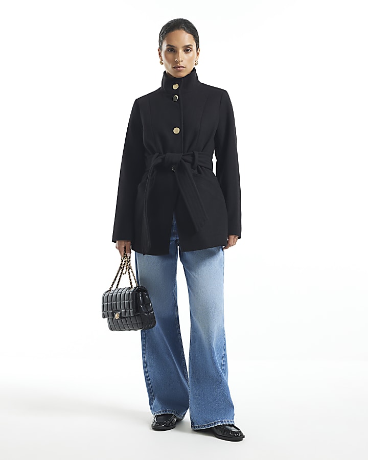 Petite Black Belted Short Coat