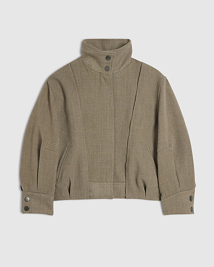 Petite Brown Funnel Neck Bomber Jacket