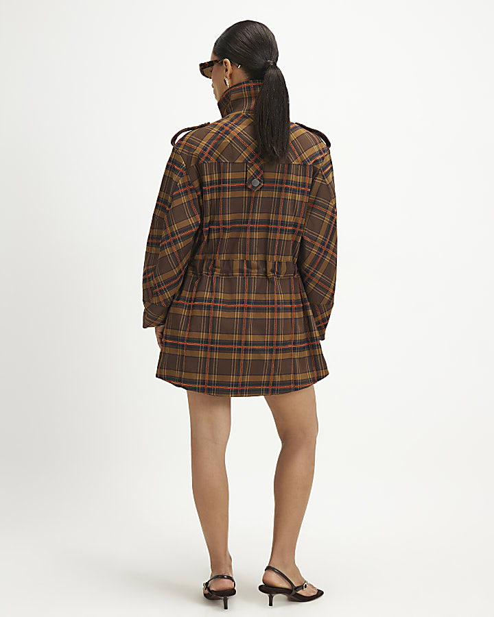 Petite Brown Check Funnel Neck Parka Jacket