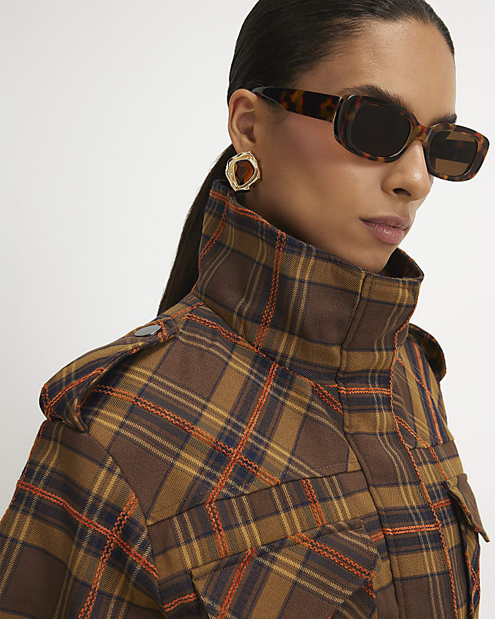 Petite Brown Check Funnel Neck Parka Jacket