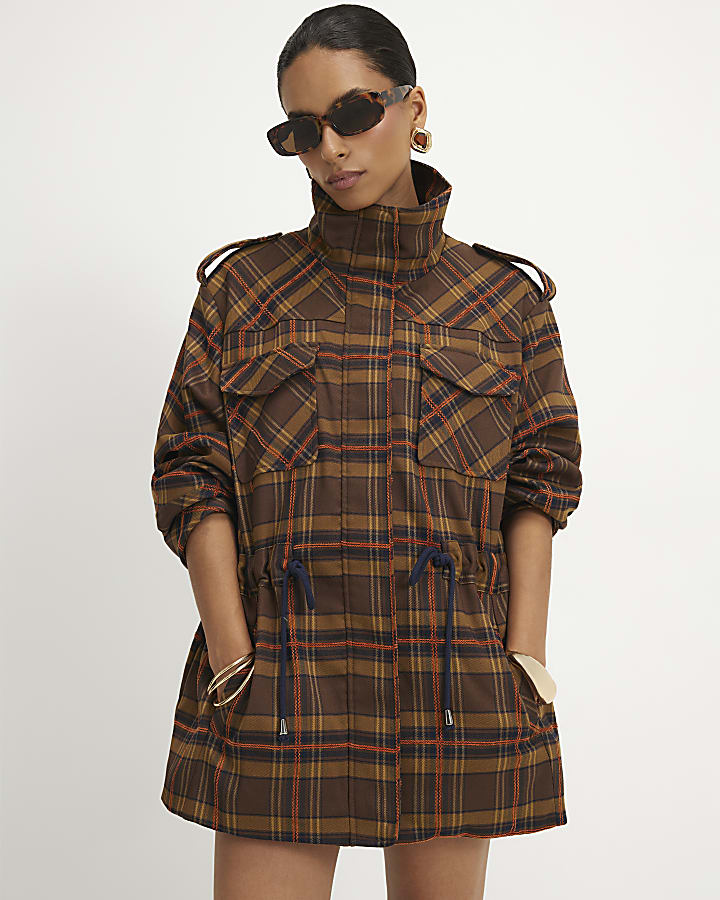Petite Brown Check Funnel Neck Parka Jacket