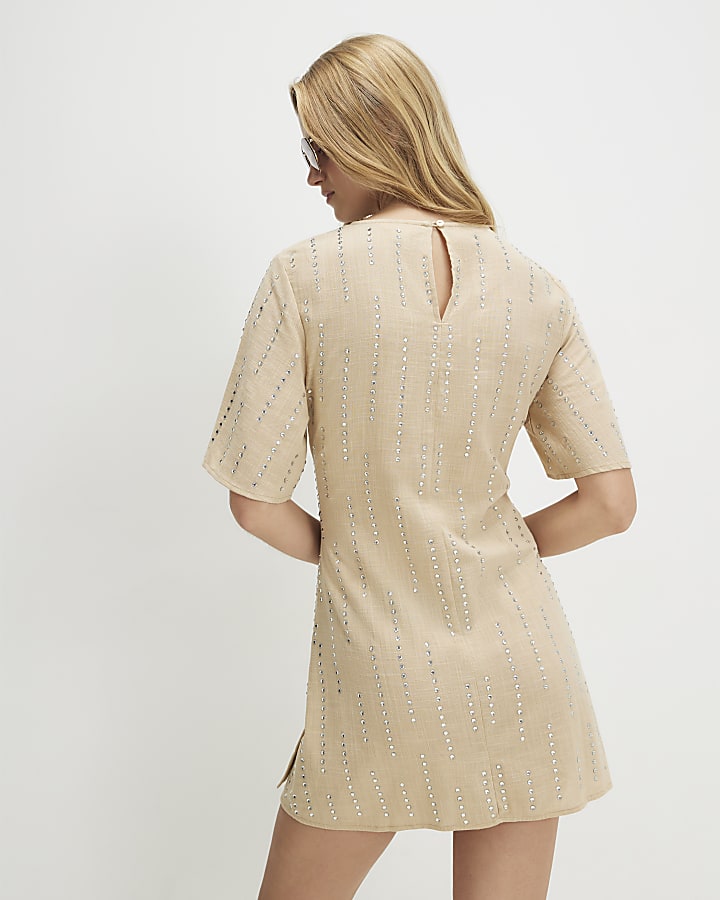 Beige Short Sleeve Diamante Mini Dress