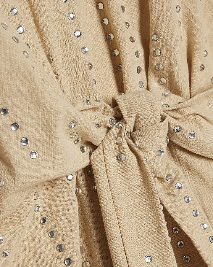 Beige Short Sleeve Diamante Mini Dress