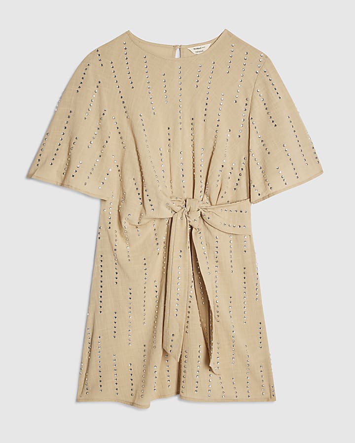 Beige Short Sleeve Diamante Mini Dress