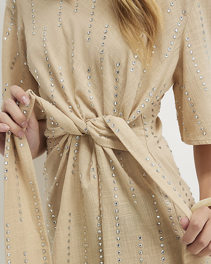 Beige Short Sleeve Diamante Mini Dress